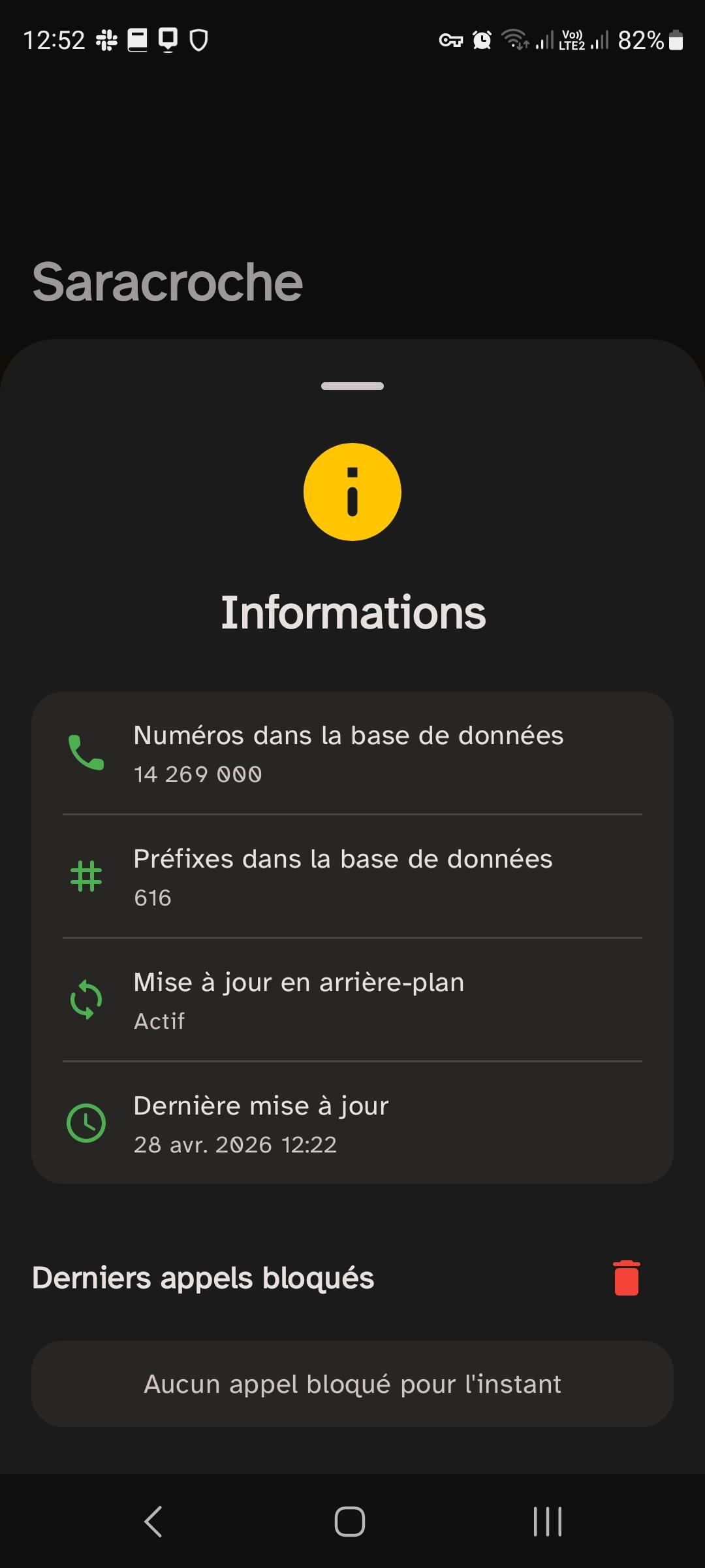 copie d'écran du rapport de l'application saracroche, indiquant qu'il n'y a aucun appel bloqué.