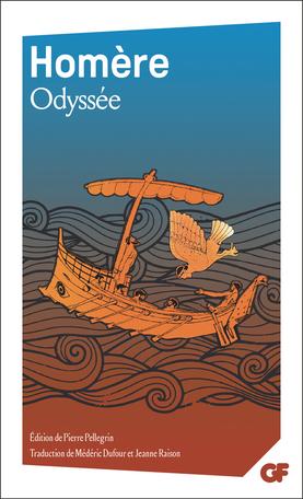 Scène dessinée façon antique d'un bateau sur une mer déchainée avec des rameurs et un homme attaché au mat, alors qu'un oiseau à tete de femme plonge sur eux.

Couverture de Odyssé d'Homère chez GF Flammarion.